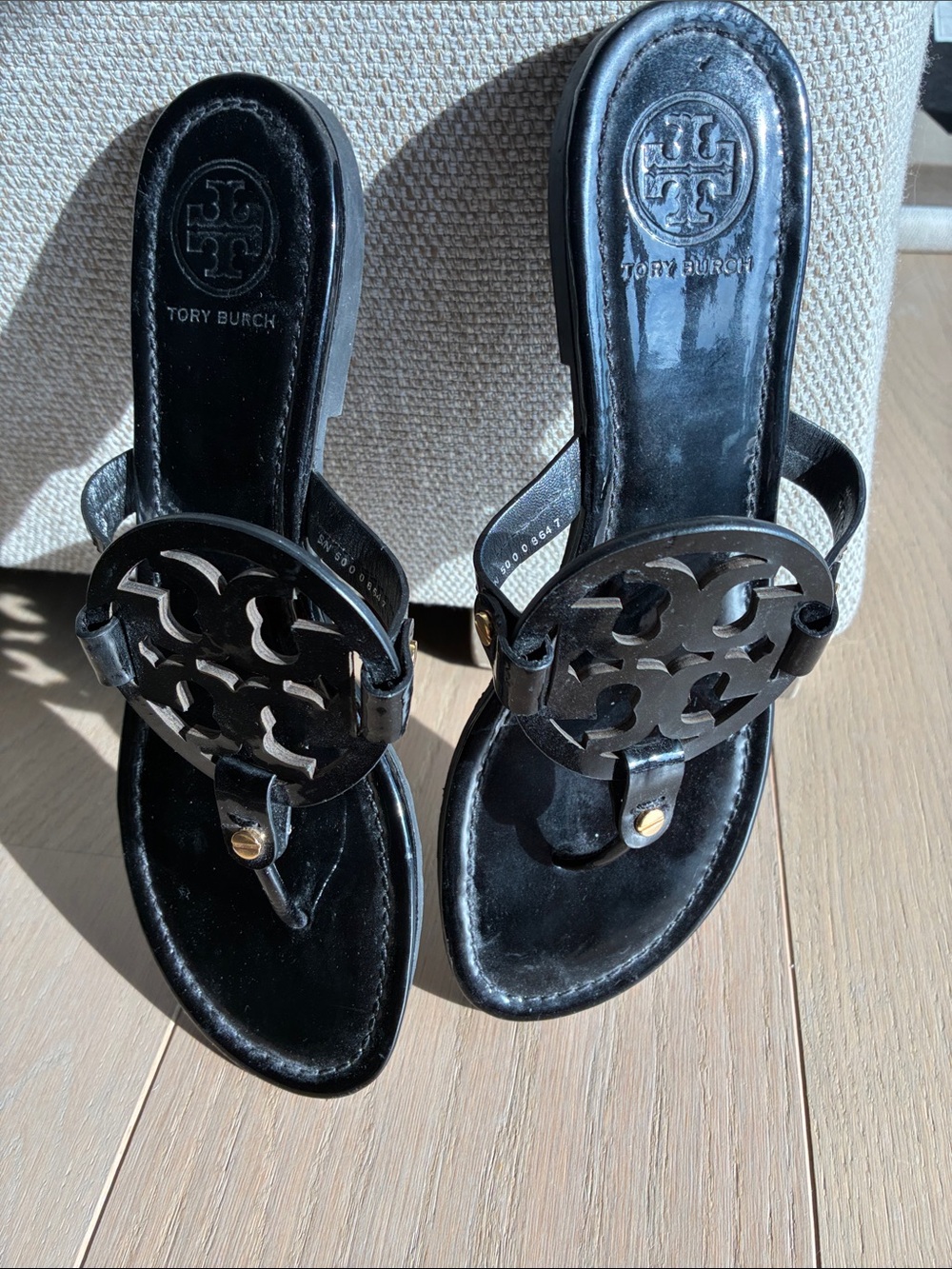 Tory Burch Black Patent Logo Thong Sandals